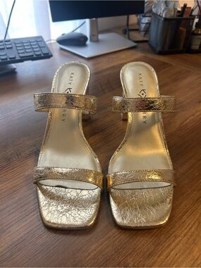 Katy Perry Collections Metallic Gold Double Strap Heeled Sandals- 9.5- worn once